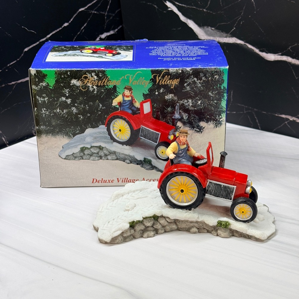 Heartland Valley Village Deluxe Accessory Red Tractor Farmer Snow Figurine